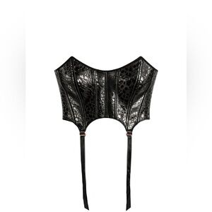 Faux Leather Leopard-Embossed Waist Cincher Corset - Black